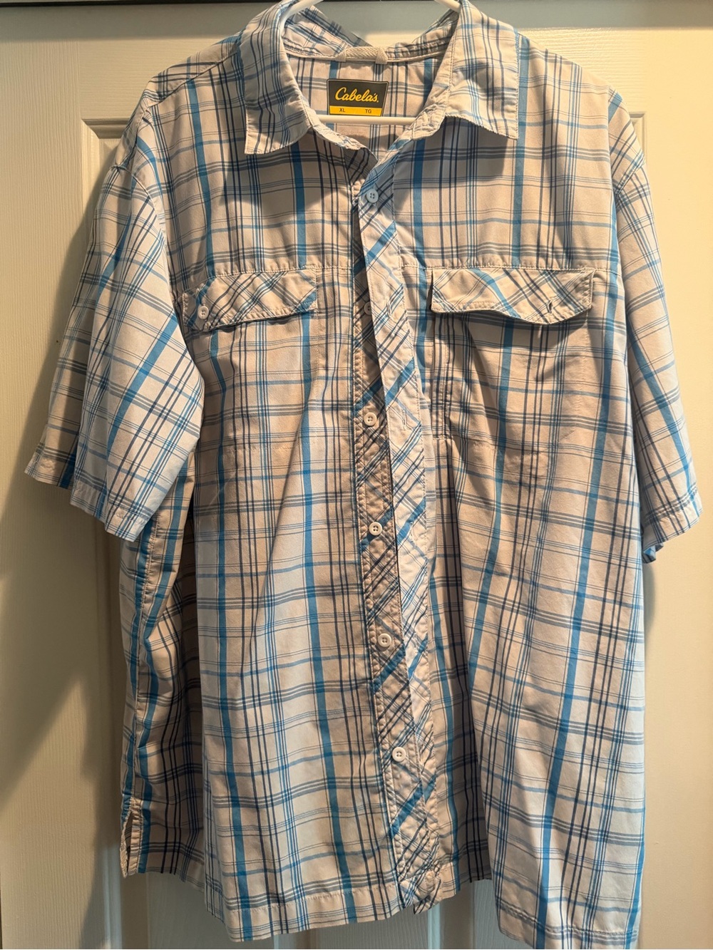 Cabela's Light Blue and White Plaid Short-Sleeve Button-Down Shirt